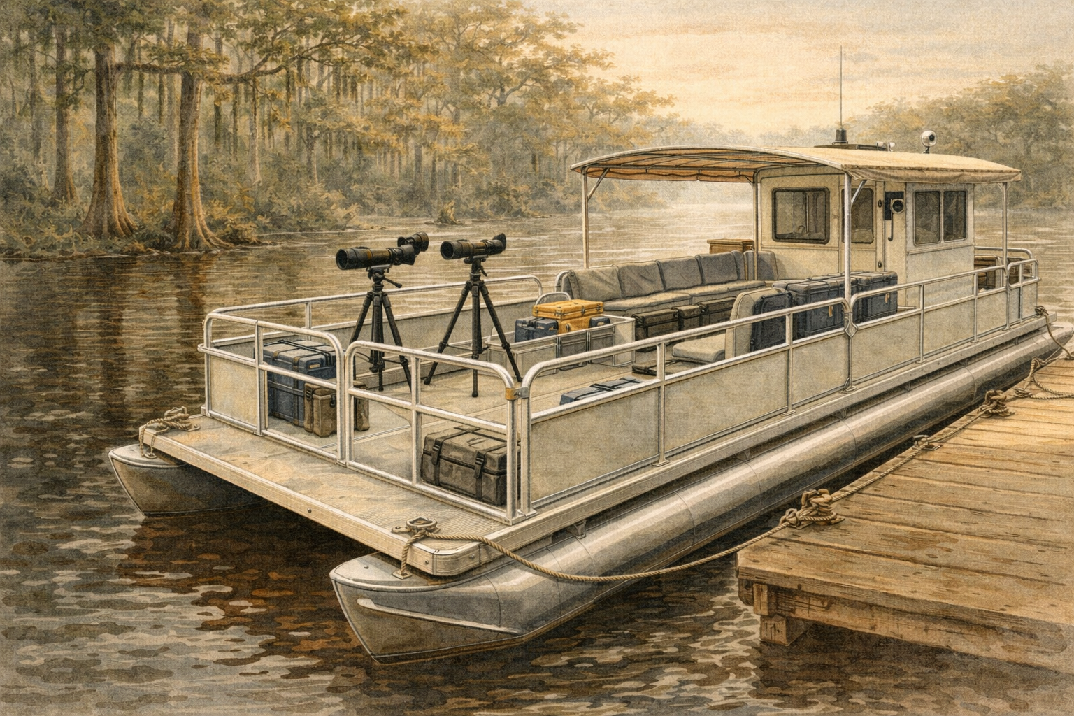 Research pontoon at dock with equipment