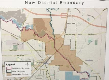 Published New District Boundary map covering Hattiesburg, Petal, and Forrest County.